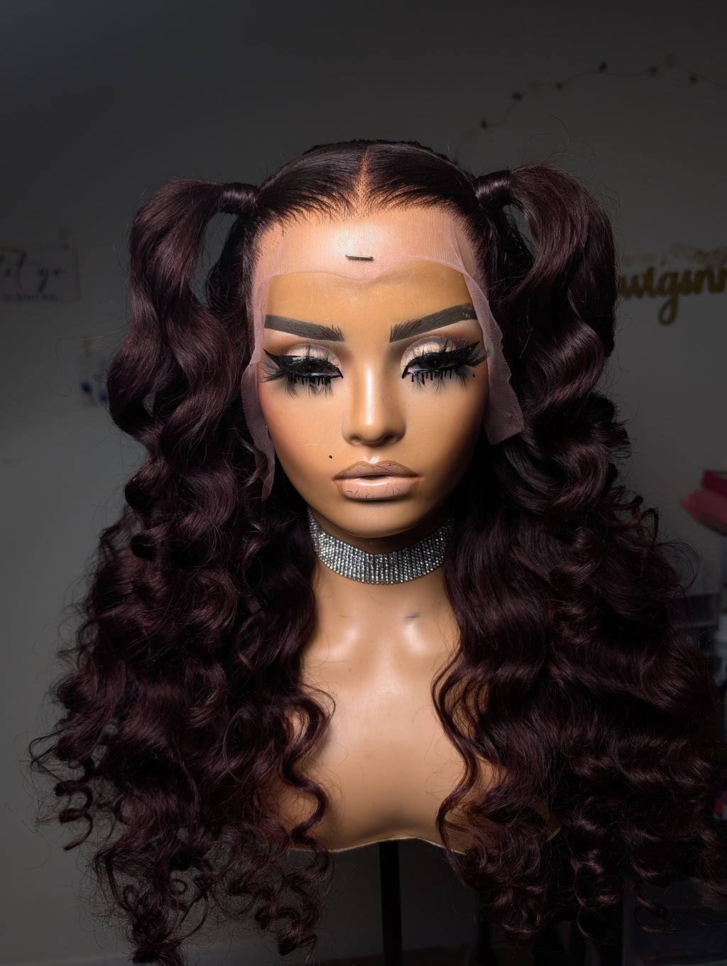 Frontal wand curled dark burgundy wig