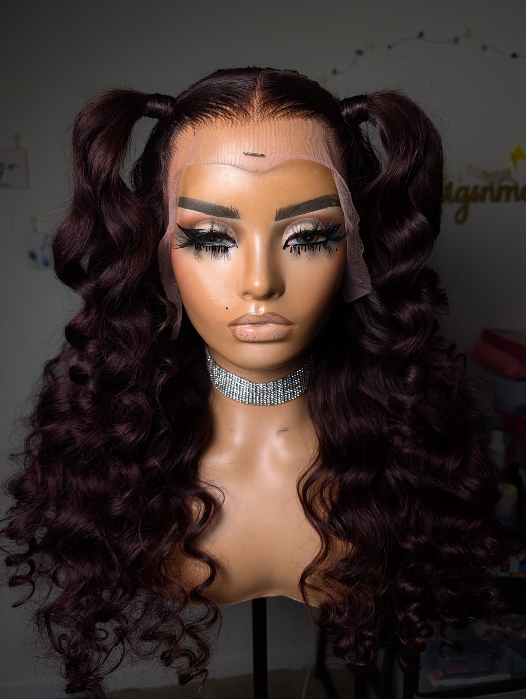 Frontal wand curled dark burgundy wig