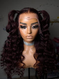 Frontal wand curled dark burgundy wig