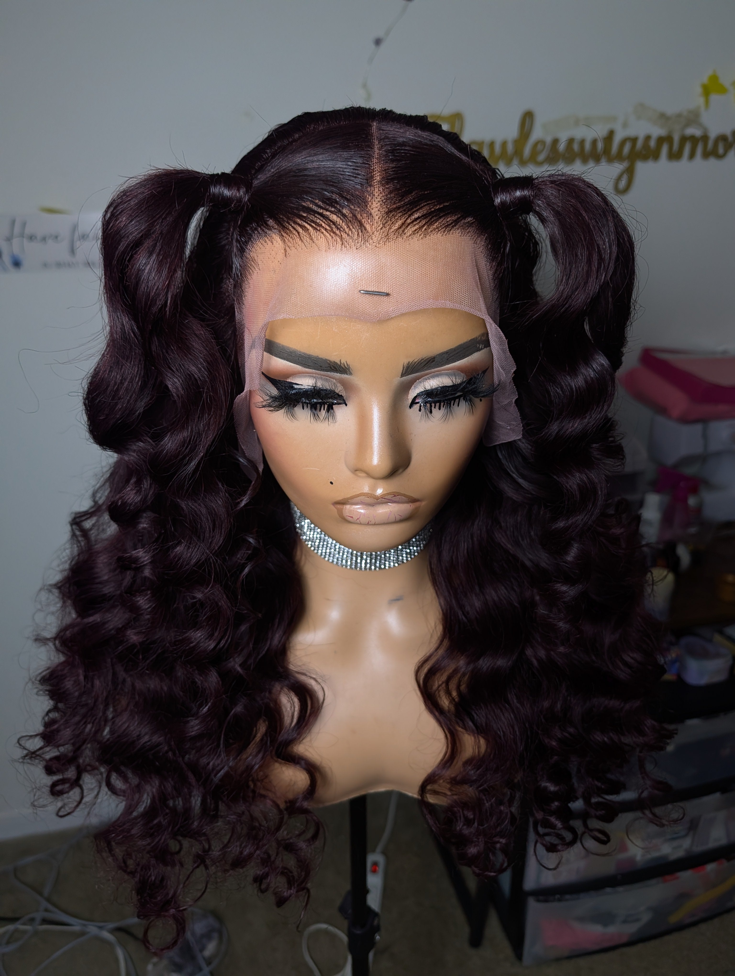 Frontal wand curled dark burgundy wig