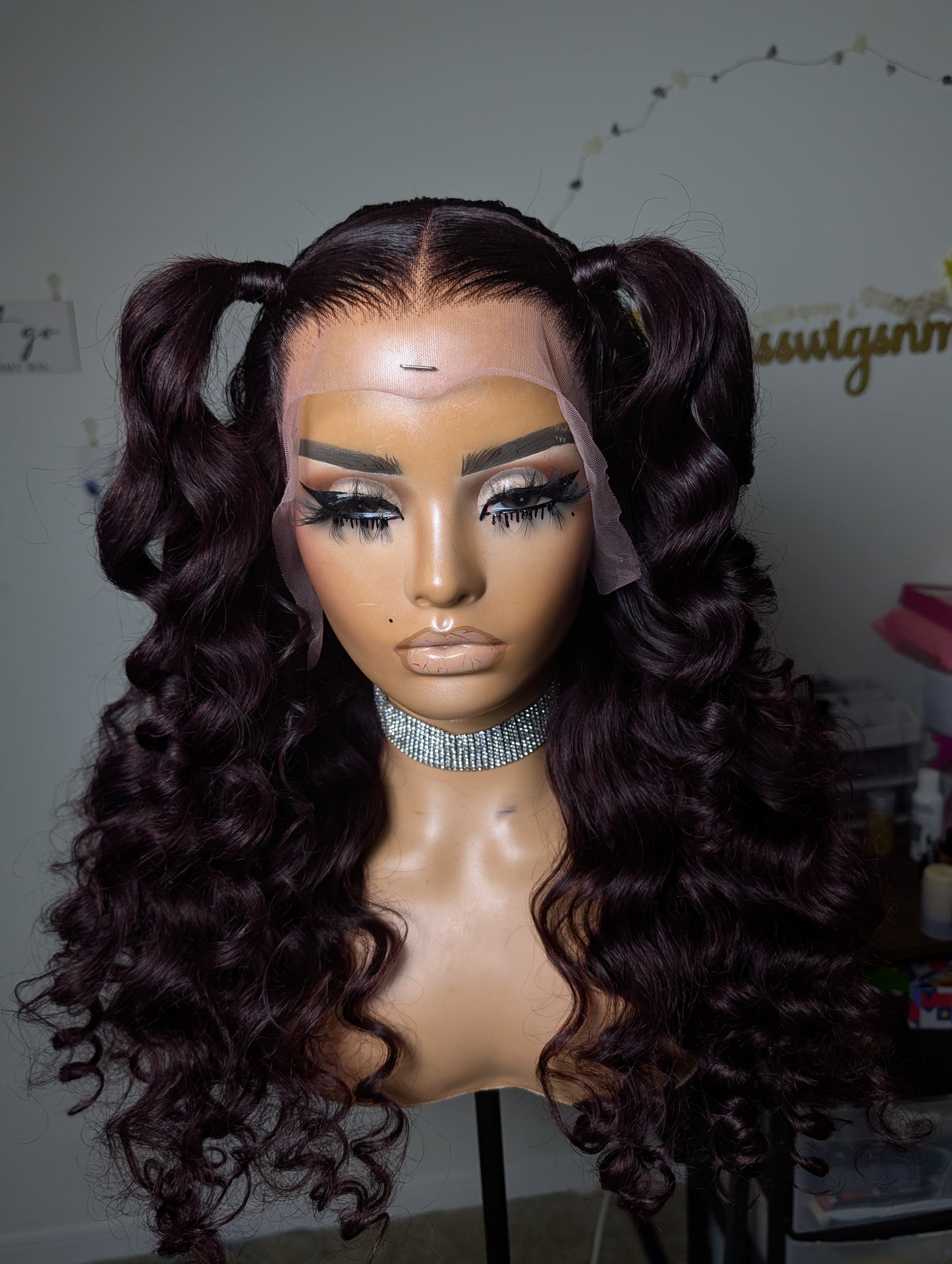 Frontal wand curled dark burgundy wig