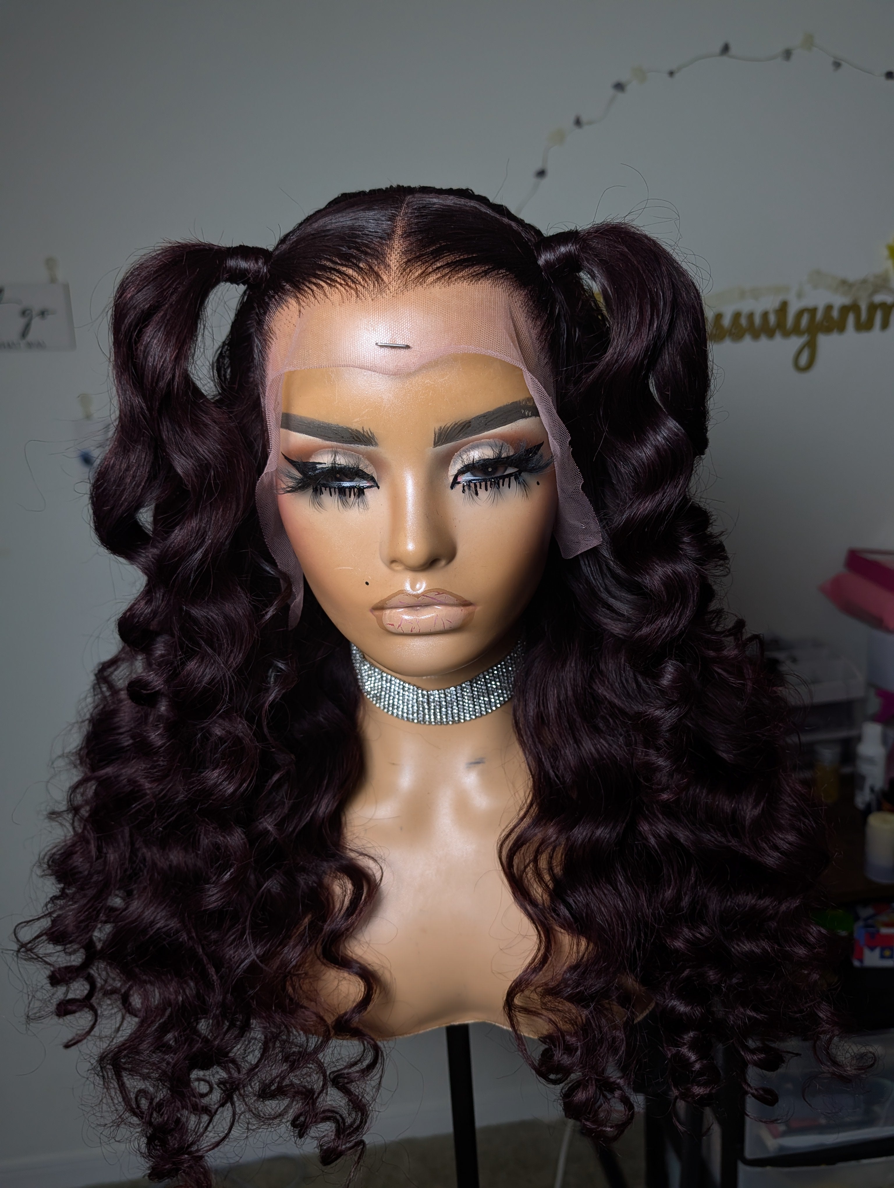 Frontal wand curled dark burgundy wig